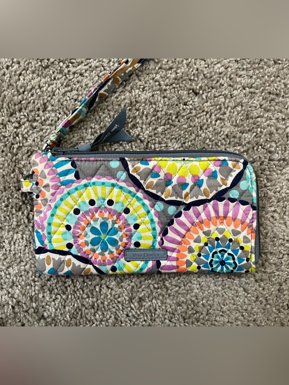 Vera Bradley Gray Quilted Wristlet with Multicolor Medallion Print